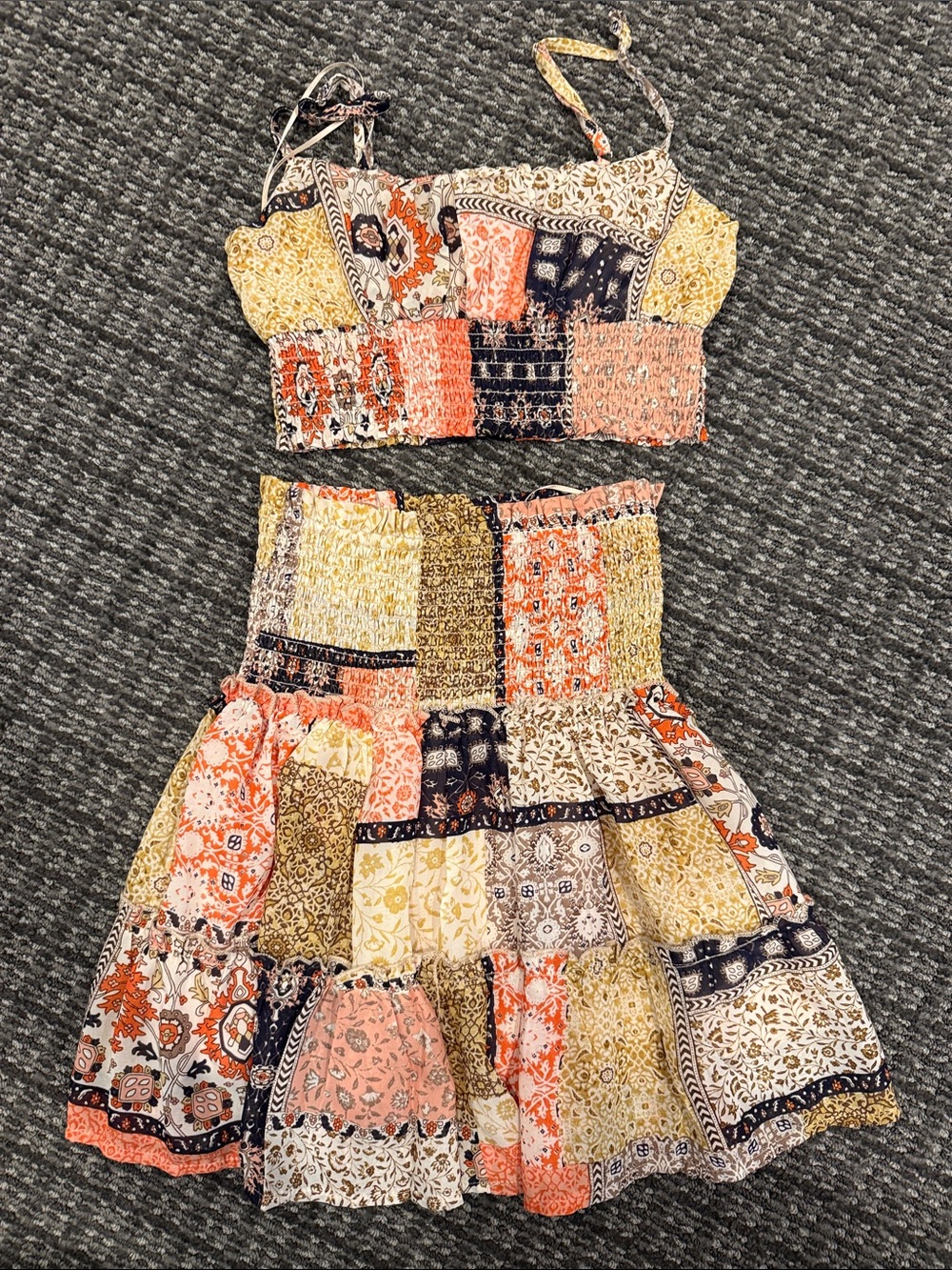 Boho Patchwork Two-Piece Dress - Yellow & Coral. Size small